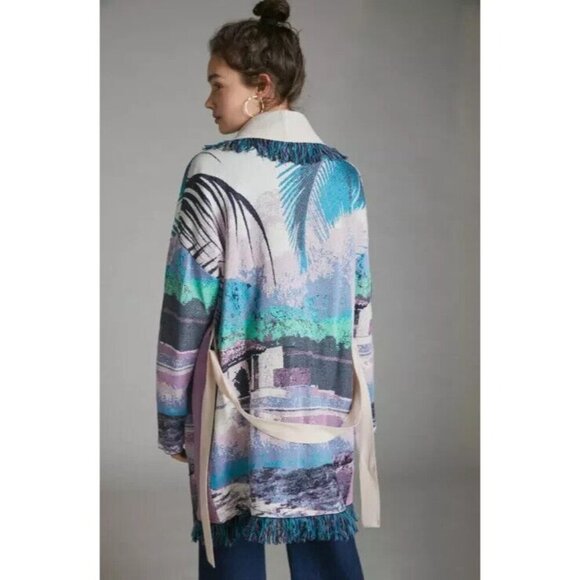 Aldo Martins Moira Fringed Cardigan Sweater Size‎ M Sunset Motif Anthropologie - Picture 2 of 12